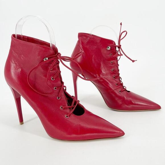 Miu Miu Red Leather Pointed Toe Lace Up Heeled Ankle Boot Bootie size IT 37 - Picture 1 of 12
